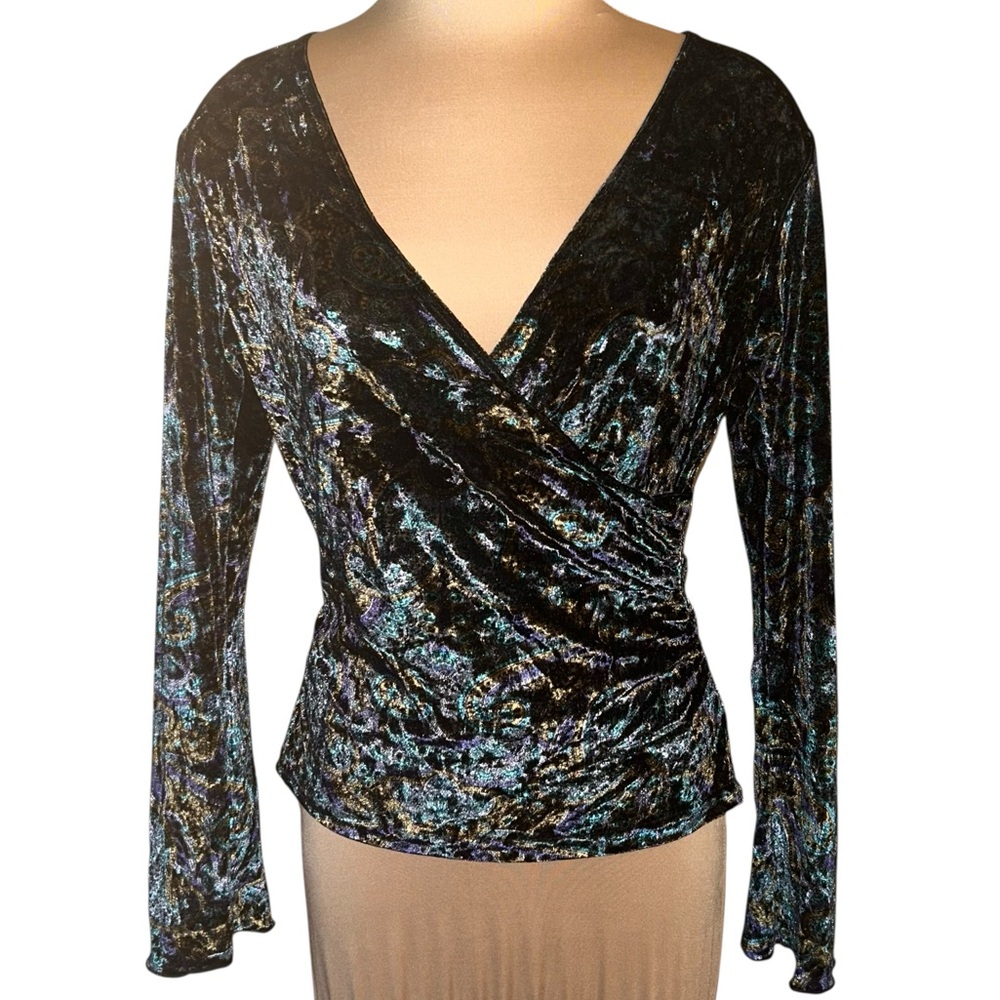Elegant Black and Blue Velvet Wrap Blouse